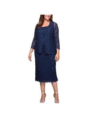 NWT Alex Evenings Womens Gown Size 10 Navy Lace Cover Sequin Elegant